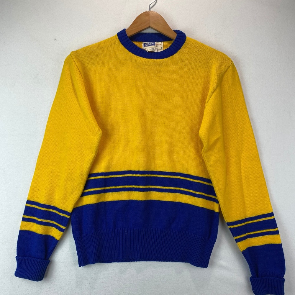 VTG Dehen Official Striped Crewneck Sweater Mens M Yellow Blue Acrylic USA Made